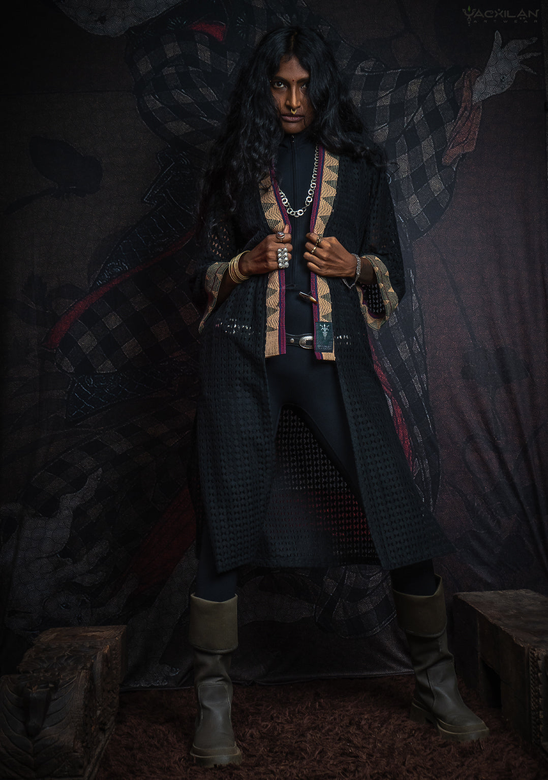 Open Kimono / Net Jaquard Border - Black NAGALAND